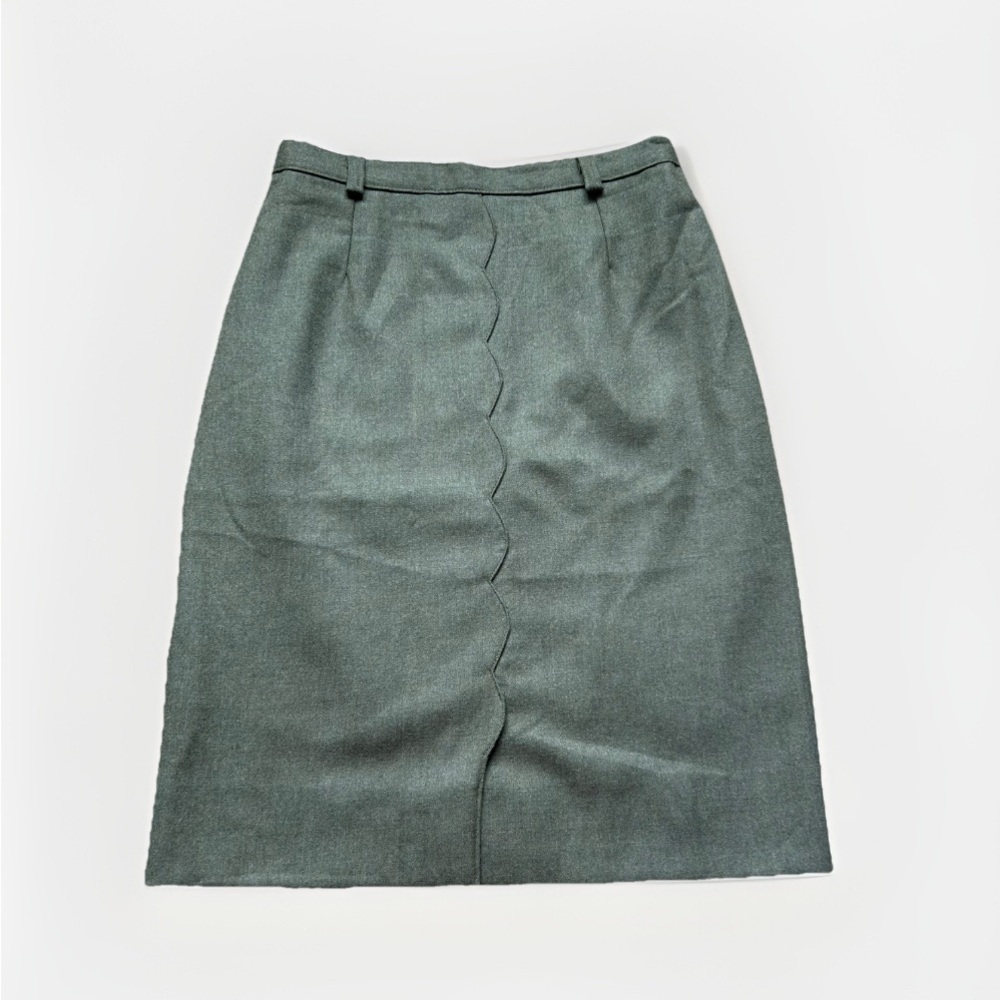 VTG Italy Made Pencil Skirt Sz M Olive Green Virgin Wool Y2K Scallop Seam Slit